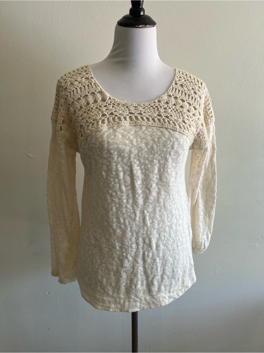 Meadow Rue Cream Crochet Yoke Scoop Neck Sweater